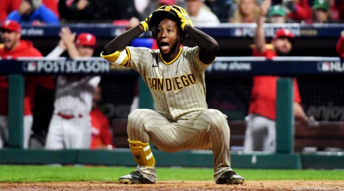 Jurickson Profar reacts after third base umpire Todd Tichenor calls him out for not checking his swing.